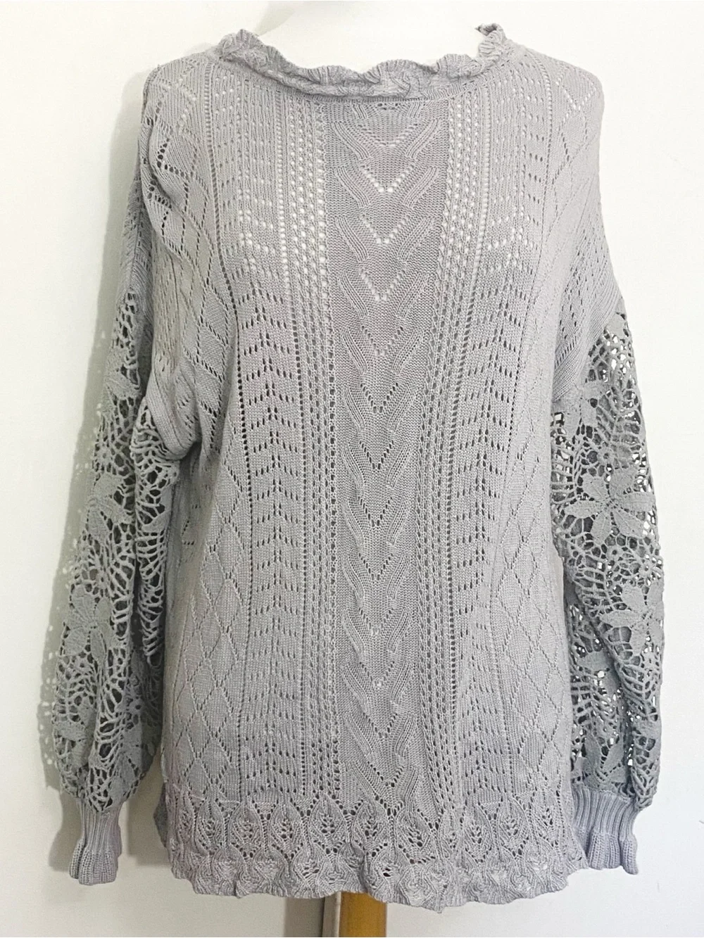 Meetrendi Women's Slouchy Light Gray Crochet Long Sleeve Viscose Knit Sweater L